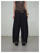 Ethnic Pattern Curved Washed Denim Pants