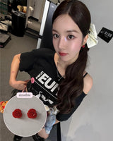 [Kwon Eunbi Earrings] プチローズカボションピアス - Red