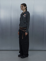 BADGE STRIPE HOODED CARDIGAN / CHARCOAL