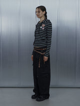 BADGE STRIPE HOODED CARDIGAN / CHARCOAL