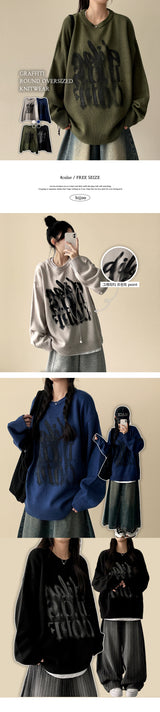 Graffiti Printing Boxy Fit Round Knit