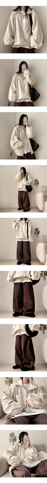 Baggle Oversized Corduroy Embroidery High-Neck Zip-Up