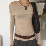 Rapshire Modal Overlock Ribbed Off Shoulder Long Sleeve T-Shirt