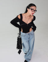 off-shoulder cut-out zip-up knitwear T-shirt
