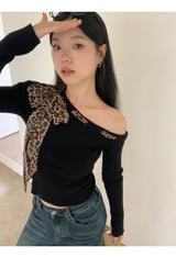 Leopard scarf unbalanced off-shoulder knitwear