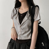 Erkin Spandex V-neck Color Layered Button Cardigan Short Sleeve T-shirt