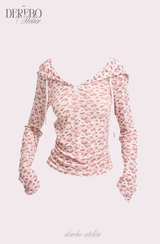 ピンクブライレオパードフーディーロングスリーブTシャツ