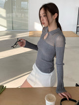 Collar See-Through Stripe Long Sleeve T-Shirt