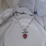 [ジェニーパーク Necklace] ローズピンクハートアンドリボン パールチョーカーネックレス