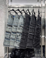 WASH-DENIM CARGO PANTS MULTI POCKET (Black)