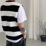 Stripe round neck knit vest 2C