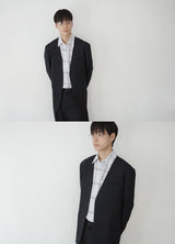 pinstripe collarless blazer