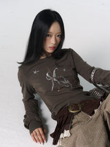 CONFUN Lantern Sleeve Sequin Embroidered Pleated Round Neck Top
