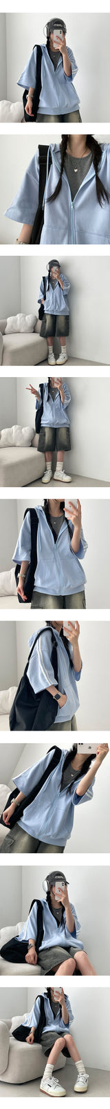 Zenc Track Line Short Sleeve Hooded Zip-Up