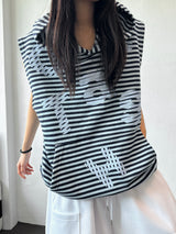 Swan Stripe Letter Patch Hooded Sleeveless Top 3color