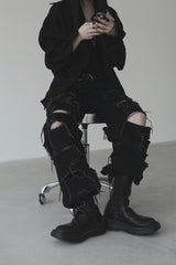 [unisex]レーザーダメージワイドデニム
