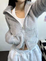 SHEEP FUR FLEECE CROPPED HALF POLO NECK ZIP UP 🧸🩶🤍🖤🩵4COLOR