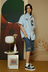 ネイビーCパッチライトブルーデニムショートスリーブシャツ [Unisex]