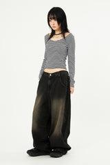 Mud side incision balloon denim pants