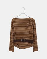 Bomin Off-Shoulder Shirring Stripe Long-Sleeve T-Shirt