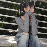 Vision Belt Buckle Shirring Ribbed Off-Shoulder T-Shirt