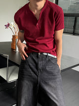 Texture henley neck half knit(4color)