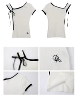 White line ribbed unbalanced off-shoulder top