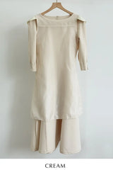 Deels Boat-Neck Puff Three Quarter Flare Long One Piece