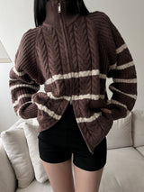 [UNISEX/Overfit] Crown hachi color combination striped high neck two-way zip-up (3 colors)