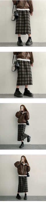 Carball Back Slit Checkered Banding Long Skirt