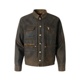 COATED WASHED PEARL SAILING LEOPARD PRINT FLEECE-LINED MICHIGAN JACKET.