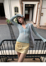 ミントグリーンボタンシースルー長袖Tシャツ