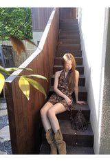 brown ethnic sleeveless skirt two-piece
