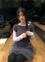 Cosy U-Neck Layered Cap Sleeve Wool Short Sleeve Knit