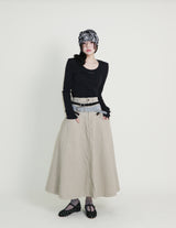open stud U-neck round long-sleeved T-shirt