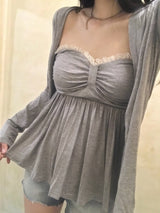 Needs Inner Cap Lace Flare Top & Cardigan SET