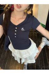 Short Sleeve Button Slim Ribbed Short Sleeve Tee