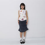 CONFUN 25SS distressed washed lace hem denim skirt