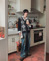 Harvers Argyle Color Matching Knit Cardigan