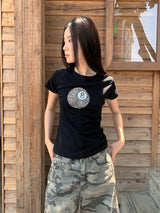 Black Round Leopard Spandex Short-Sleeved T-Shirt