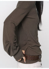 CONFUN Lantern Sleeve Sequin Embroidered Pleated Round Neck Top
