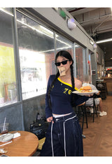 アンバランスオフショルダーブロックコアロングスリーブTシャツ