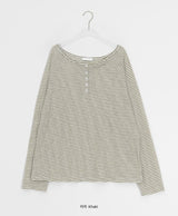 Dre Stripe Summer Button Off-Shoulder Long Sleeve Tee