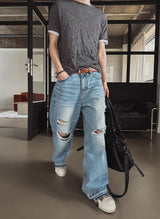 Piece Damaged Wide Denim Pants