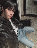 Crystal lettering washed denim pants
