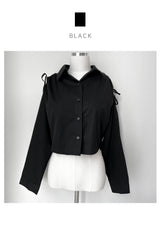 Twill shoulder ribbon shirring loose fit crop shirt (2 colors)