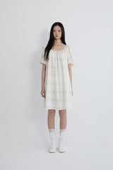 Flower crochet shirring dress (IVORY)