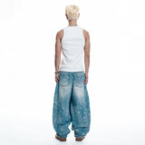 Sun Patch Leopard Balloon Denim Pants - LIGHT BLUE