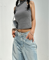 (FALL/WINTER KNIT) KNIT STRIPED SEMI-CROPPED LAYERED INNER TURTLE-NECK THICK TANK - 2 COLOR