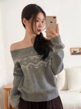 [SHOPPERMADE] オフショルダーリボンノルディックニット+ タイセット(4color)